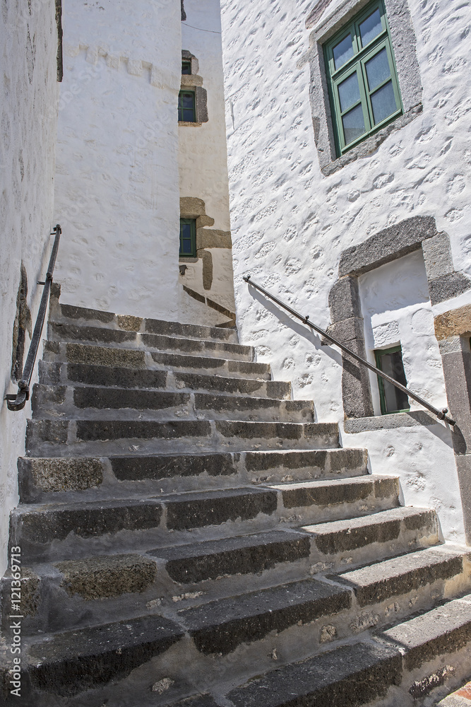 Treppe im Apokalypsekloster auf der Insel Patmos, Griechenland