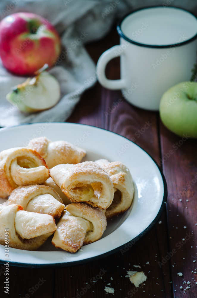 Breakfast with small homemade croissants in rustic style Breakfast with small homemade croissants in rustic style