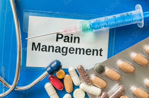 Pain managment concept. A lot of analgetic pills and drugs around photo