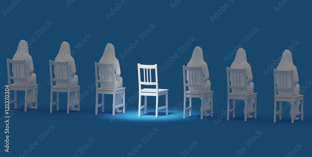 Sedia vuota tra donne o solitudine 3d render