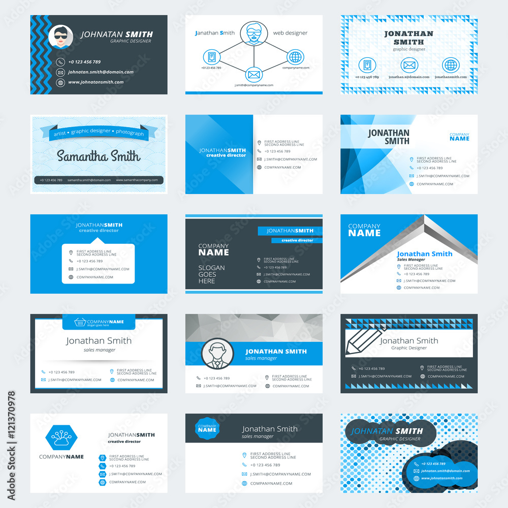 Set of modern creative business card templates. Blue and black colors. Flat style vector illustration. Stationery design