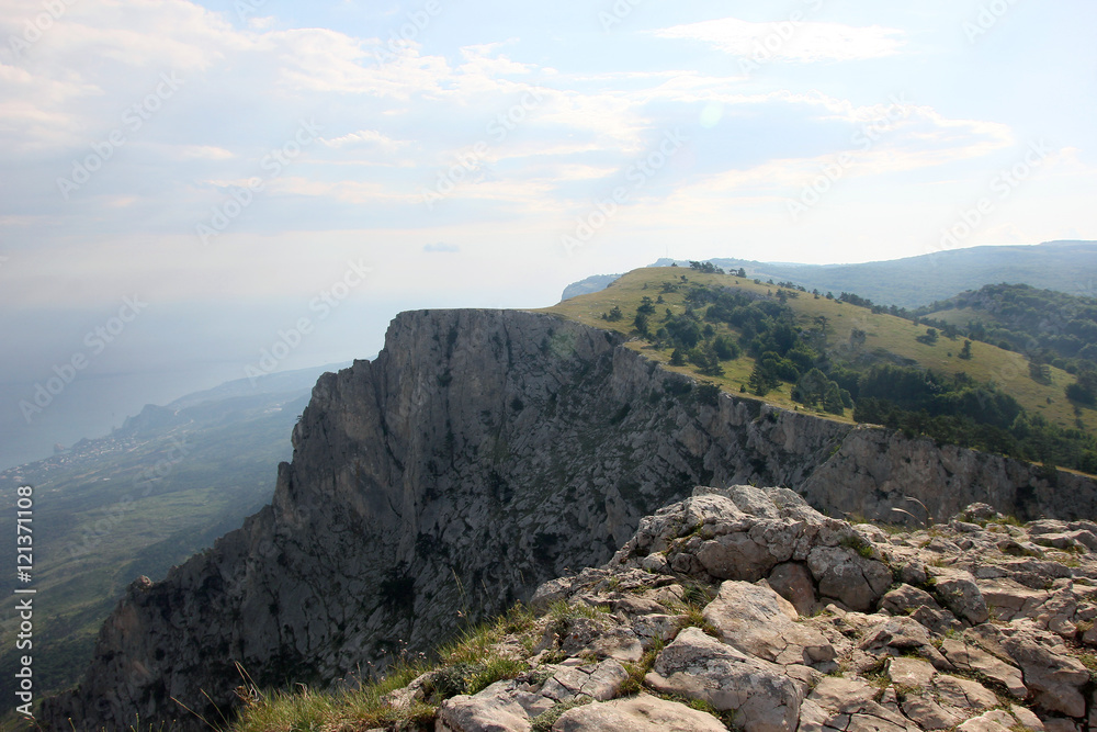 beautiful panoramic view from top of crimean mountain peak Ai-Pe