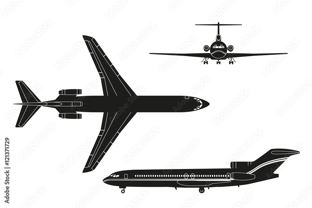 Black airplane silhouette on a white background. Top view, front Stock ...
