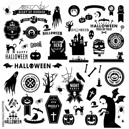 Set of Happy Halloween black silhouettes. Decoration elements. Vector illustration