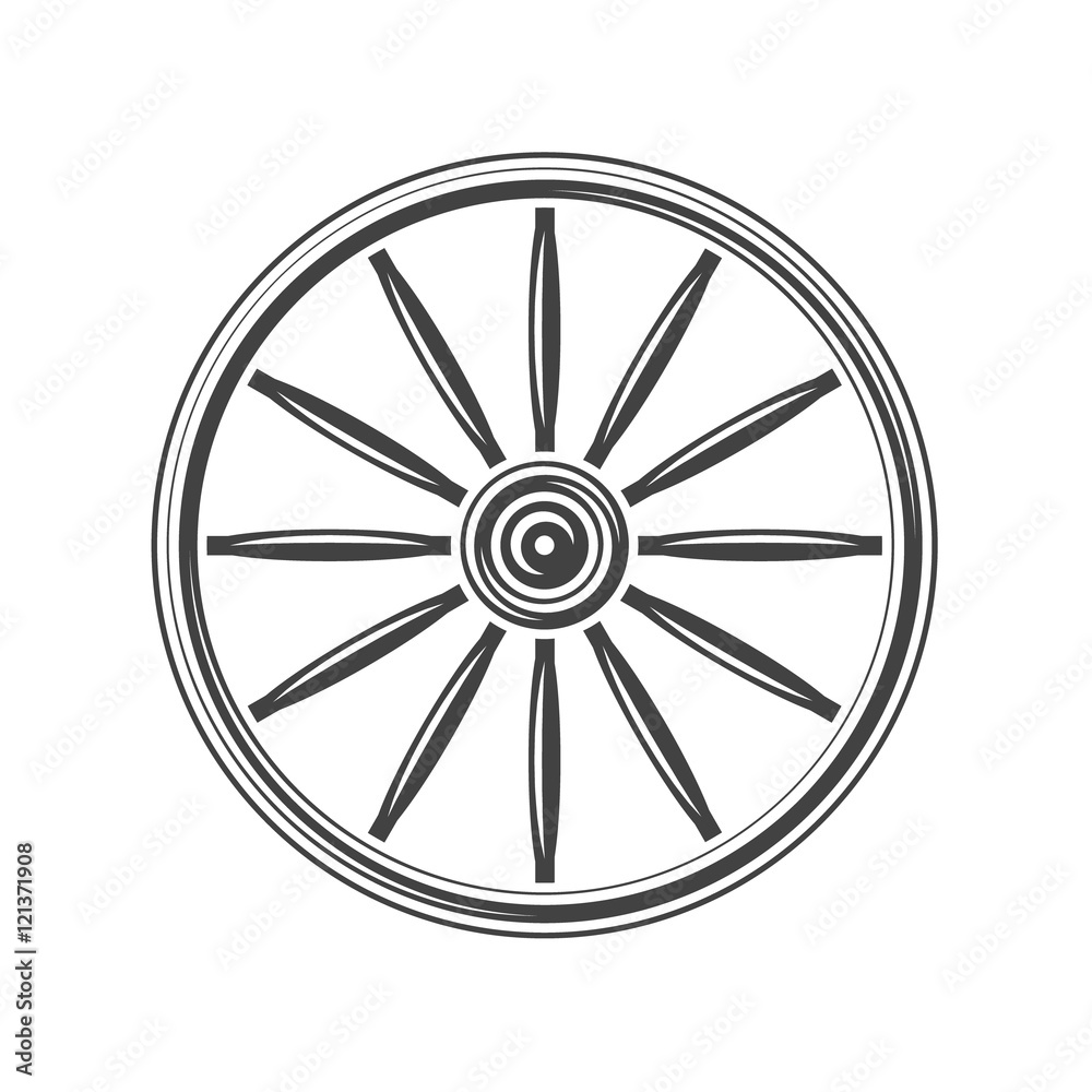 Old western wagon wheel. Black icon, logo element, vector illustration
