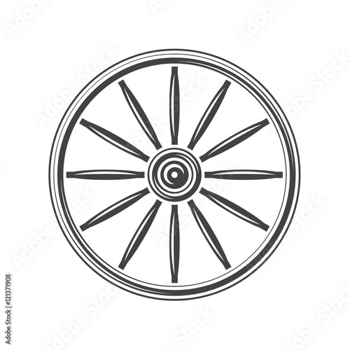 Old western wagon wheel. Black icon, logo element, vector illustration isolated on white background