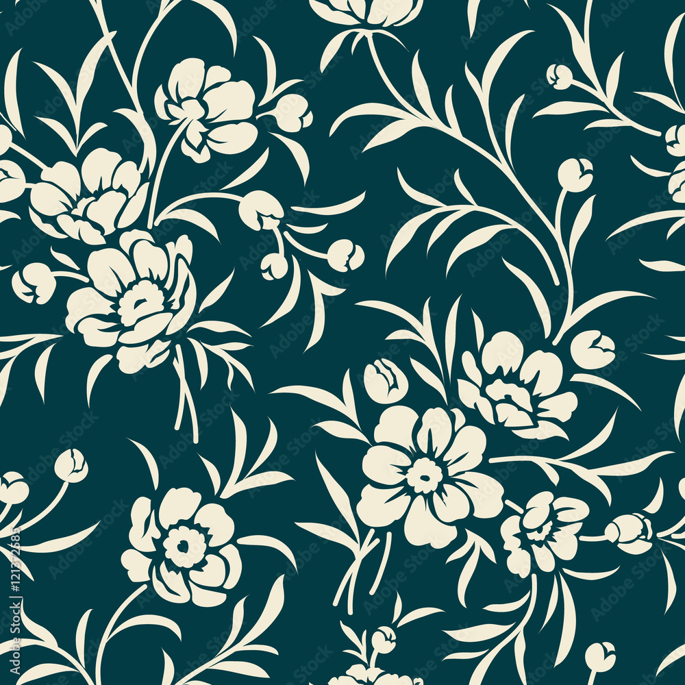 Seamless vintage pattern with peony silhouette. Floral background