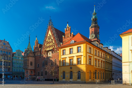 City hall and colorful houses on Market Square in the winter sunny morning in Wroclaw  Poland