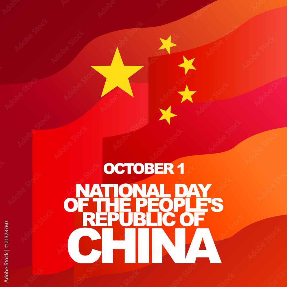 Vector greeting card for National Day of the People's Republic of China, October 1. Red flag and gold stars. 