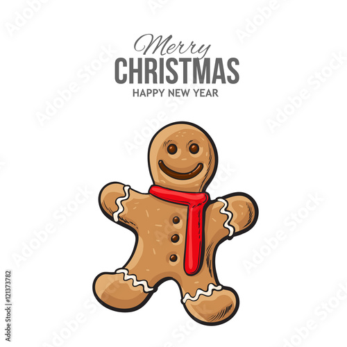 Traditional Christmas gingerbread, vector greeting card. Xmas ginger man on white background, traditional festive cookie, decoration element, Christmas greeting card template