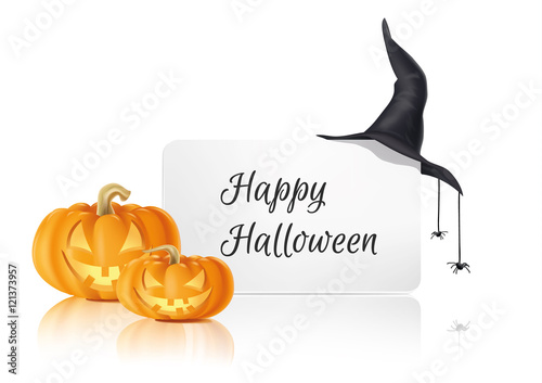 Halloween Schild mit Kürbissen und Hexenhut