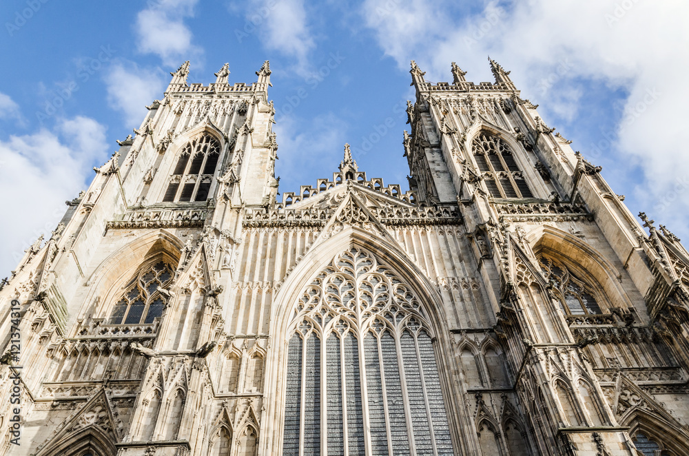 Landscape view of York Minster Yorkshire England with blue sky.