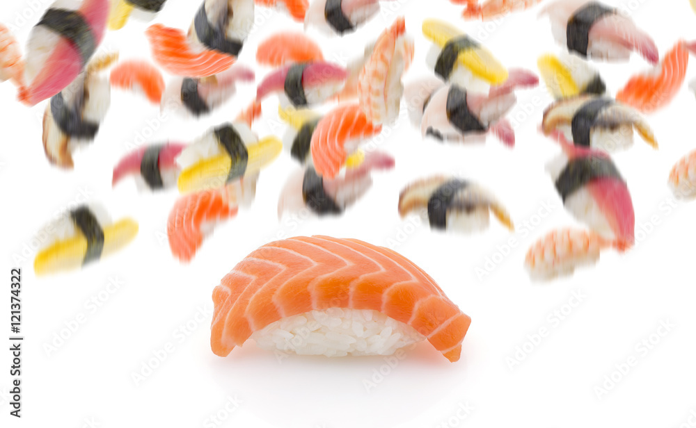 Japanese cuisine. Salmon sushi nigiri isolated on white background. Japanese cuisine. Salmon sushi nigiri isolated on white background.