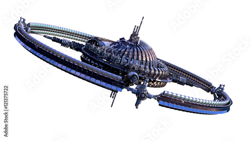 Photo 3D illustration of an alien spaceship or futuristic space station, with a central dome and gravitation wheel, for science fiction 

backgrounds with the clipping path included in the file