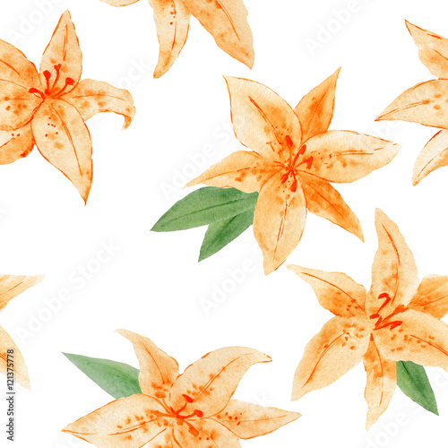 watercolor pattern of orange liliy flowers on white illustration