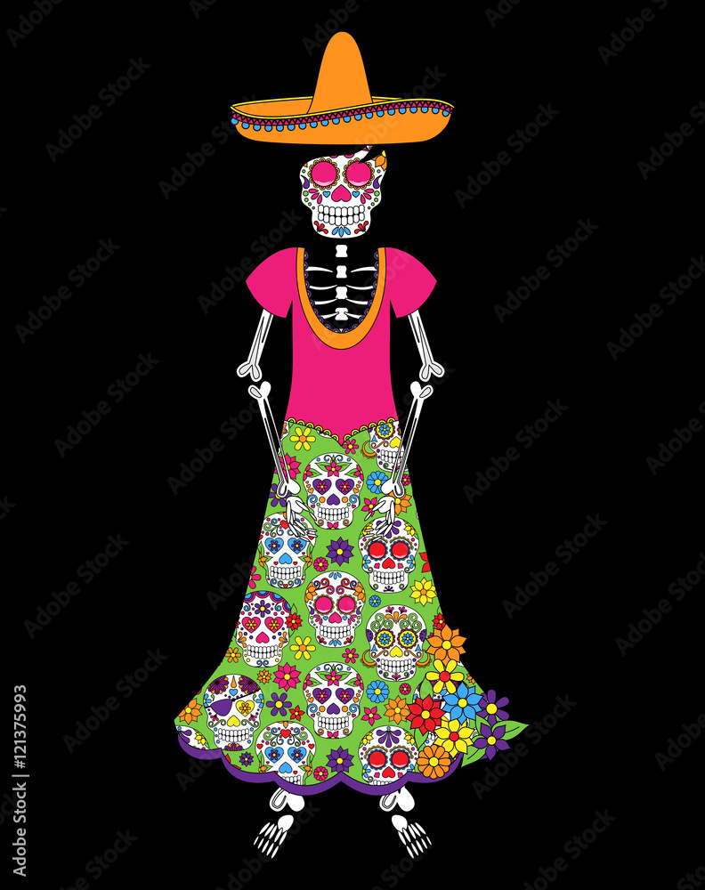 Day of the Dead or Halloween Skeleton Woman in Vector Format