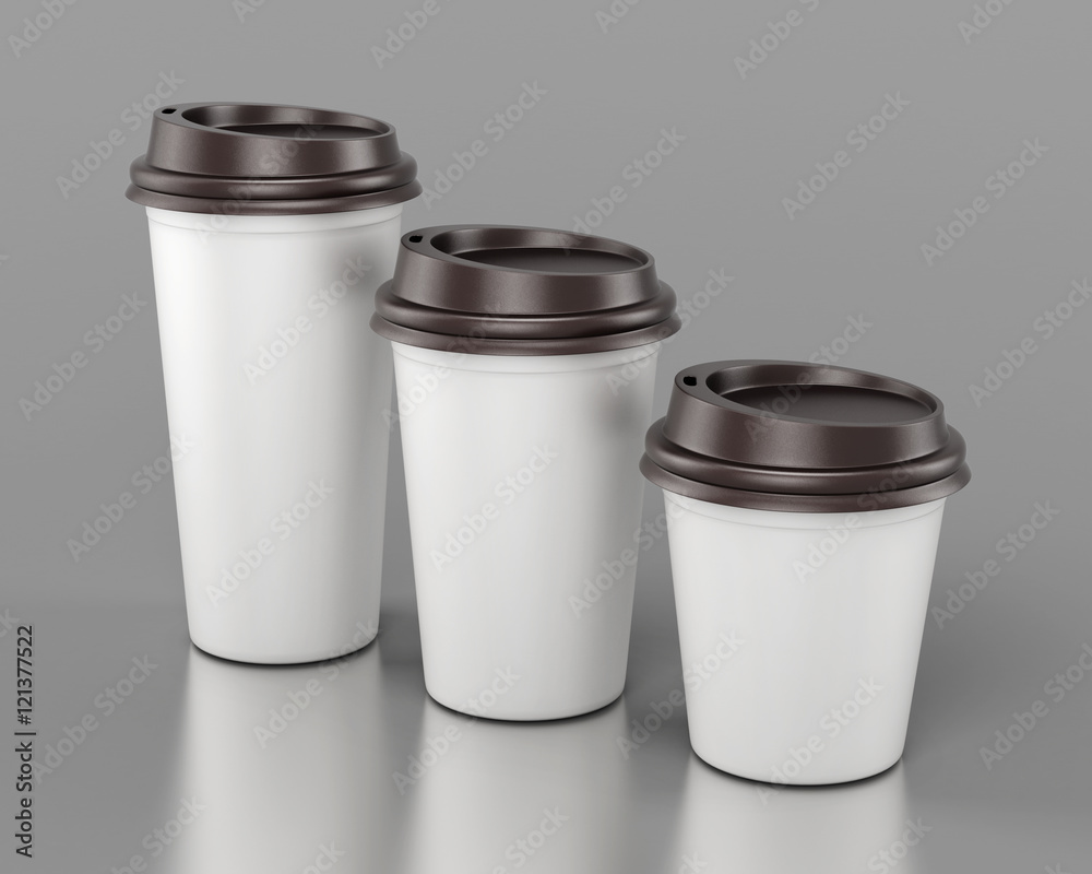 Close-up disposable plastic cups of different sizes. 3d renderin Close-up disposable plastic cups of different sizes. 3d renderin