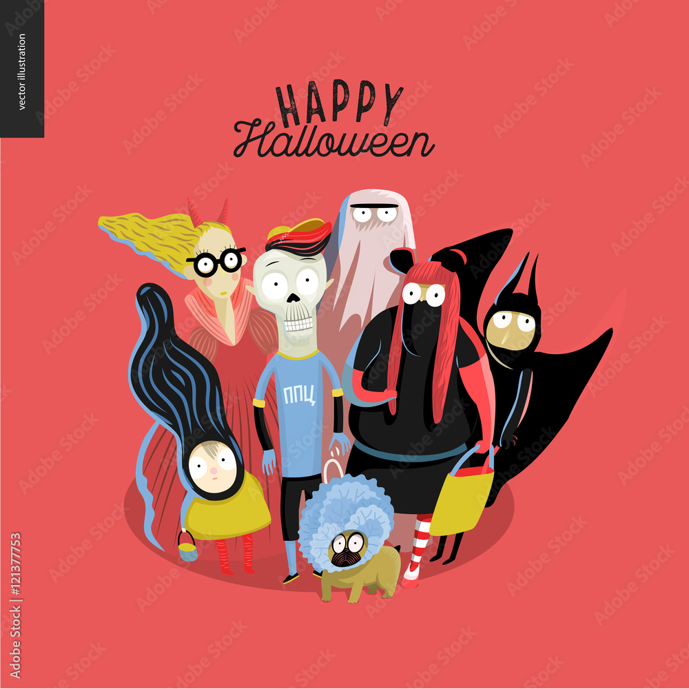 Trick or treat group of children, greeting card with lettering Halloween Party. Vector cartoon illustrated group of kids wearing Halloween costumes and a french bulldog, scared by something. Stock Vector | Adobe Trick or treat group of children, greeting card with lettering Halloween Party. Vector cartoon illustrated group of kids wearing Halloween costumes and a french bulldog, scared by something. Stock Vector | Adobe