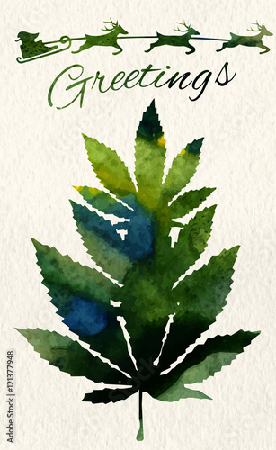 Christmas greeting card with marijuana leaf and Santa