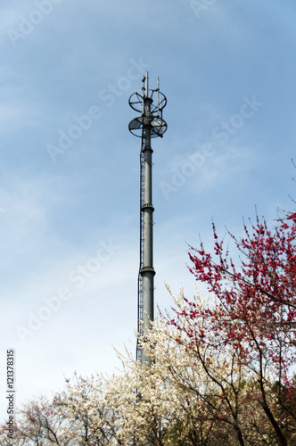 Close up white color antenna repeater tower on blue sky, selecti