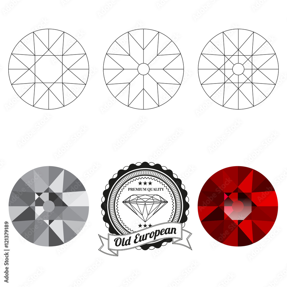 Set of old european cut jewel views isolated on white background - top view, bottom view, realistic ruby, realistic diamond and badge. Can be used as part of logo, icon, web decor or other design.