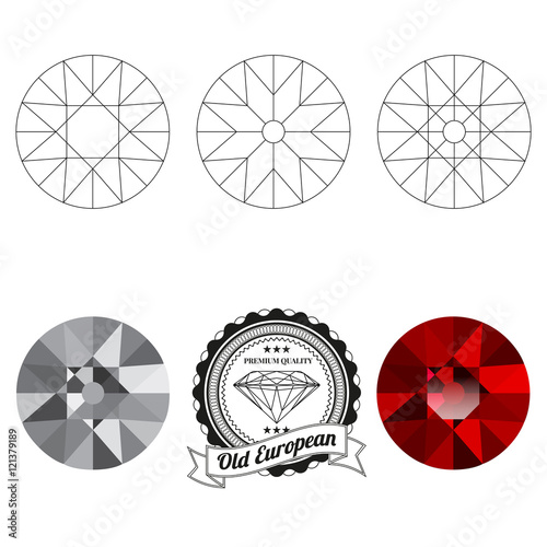 Set of old european cut jewel views isolated on white background - top view  bottom view  realistic ruby  realistic diamond and badge. Can be used as part of logo  icon  web decor or other design.