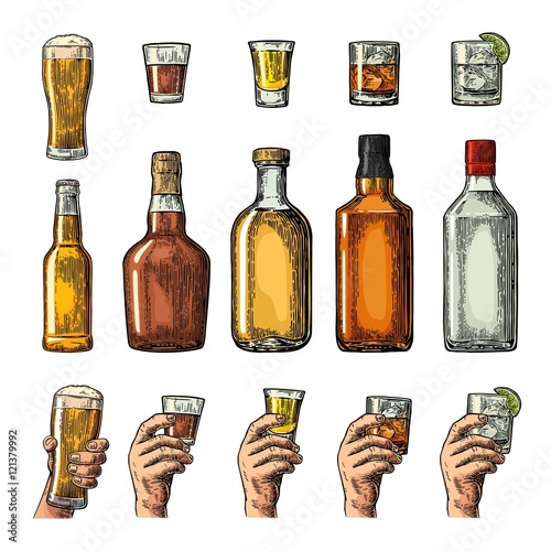 Set alcohol drinks with bottle, glass and hand holding beer, gin, whiskey, tequila.