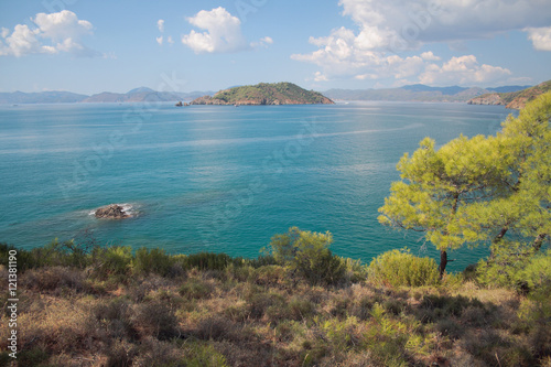 Gulf with island in Aegean Sea. Yaniklar, Mugla, Turkey