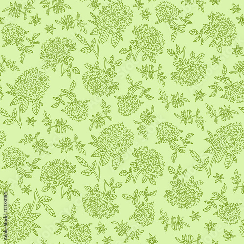 Seamless pattern for one color fabric. Peonies and lilac with leaves.
Peonies terry varieties. Drawing for the pastel linen.