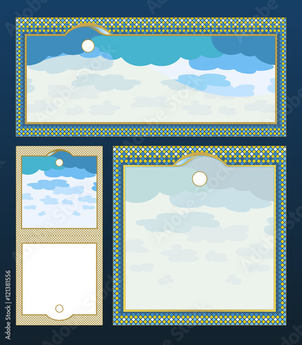 A set of tags or labels with a hole. Background with the image of clouds and decorative frame.
Mosaic ornament rectangular shape.
