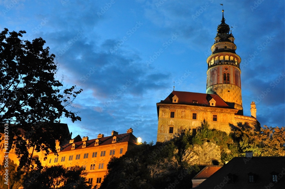 Beautiful night view of castle tower in Cesky Krumlov, Czech republic