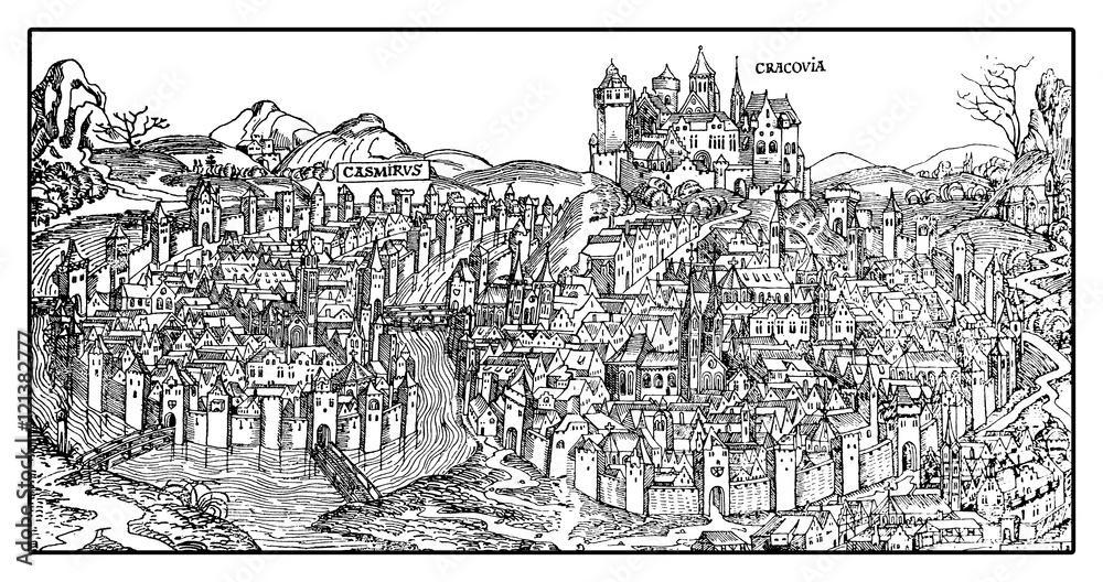 Antique map of Krakow on the Vistula river. The city was founded in 7th century