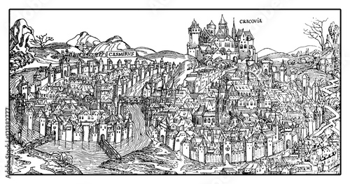 Antique map of Krakow on the Vistula river. The city was founded in 7th century