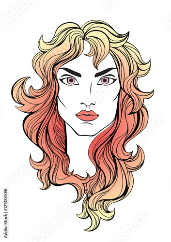 Vector portrait of girl with red coral long hair isolated on white
