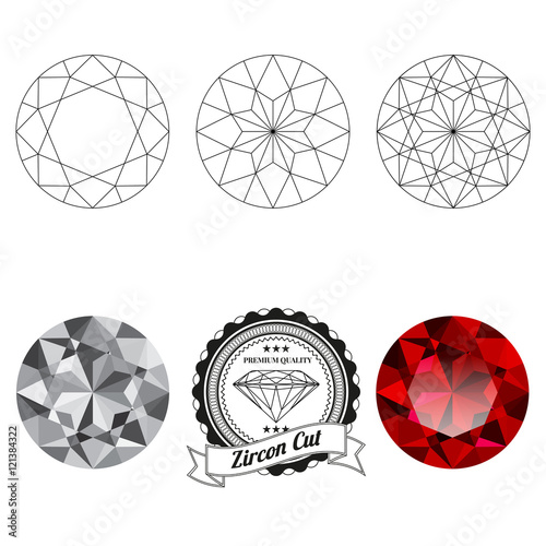 Set of zircon cut jewel views isolated on white background - top view, bottom view, realistic ruby, realistic diamond and badge. Can be used as part of logo, icon, web decor or other design.