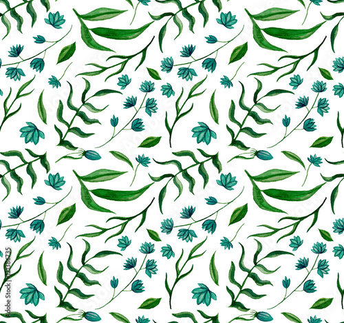 Seamless Texture With Watercolor Blue Flowers And Green Leaves