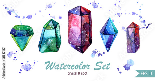 Watercolor set of crystals and spots. Isoleted groups