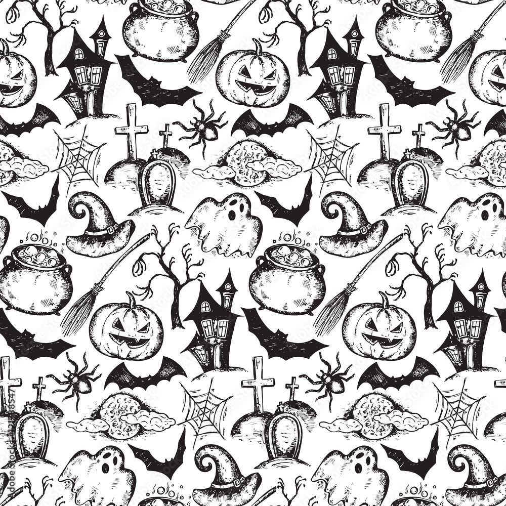 Naklejka premium Vector seamless pattern with sketch Halloween characters