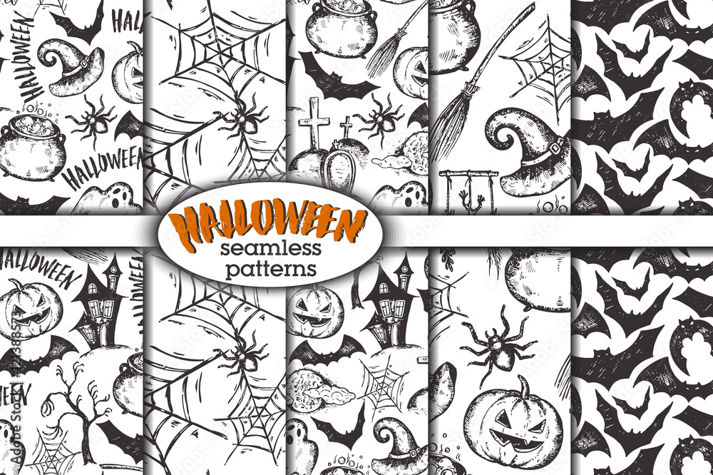 Vector set of five seamless patterns with sketch Halloween characters