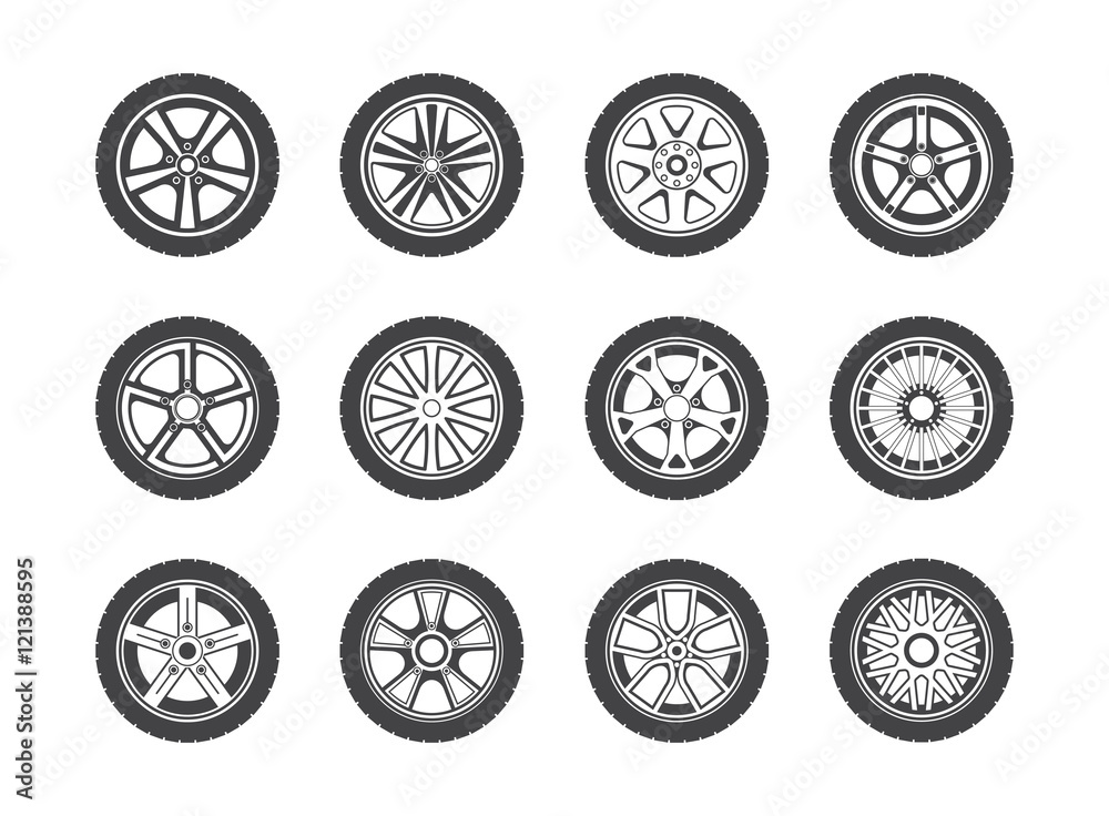 Wheel, tyre and tire collection of icons Wheel, tyre and tire collection of icons