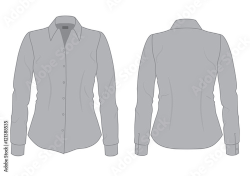 Women's gray dress shirt with long sleeves template, front and back view