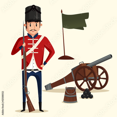 French army soldier with musket near cannon