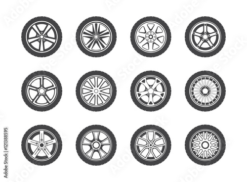 Wheel, tyre and tire collection of icons
