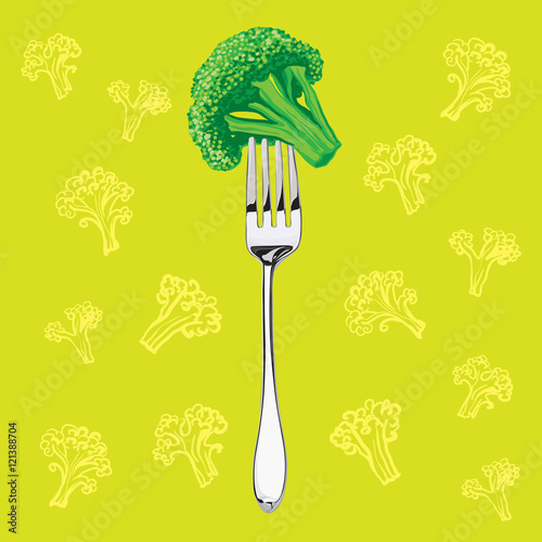 green broccoli on a metal fork on a bright yellow background with a sketch