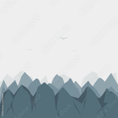 Birds fly over the mountains. Vector illustration in flat design
