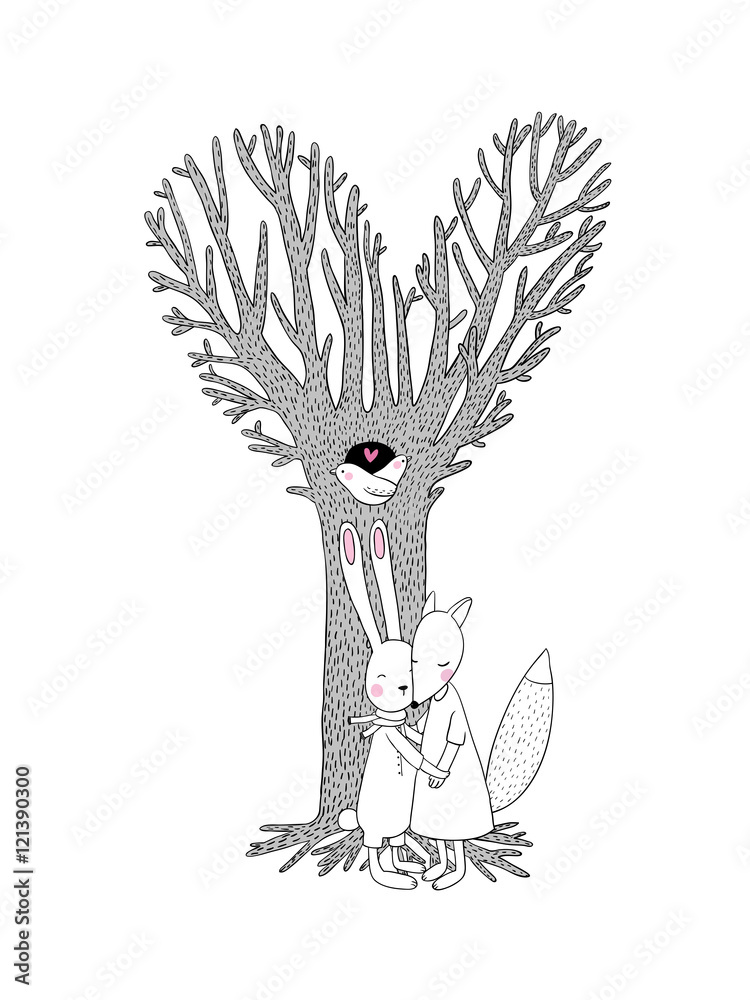 Beautiful magic tree, two birds in a hollow, hare and fox. Stock Vector ...