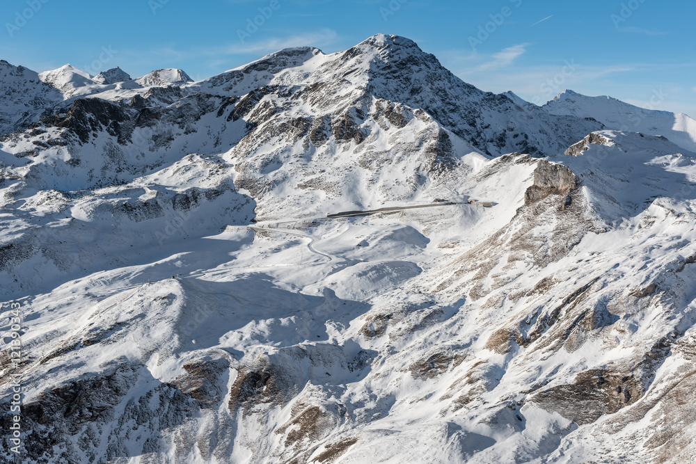 Panoramic wiev of alpine road Grossglockner in snowy winter Alps Mountains