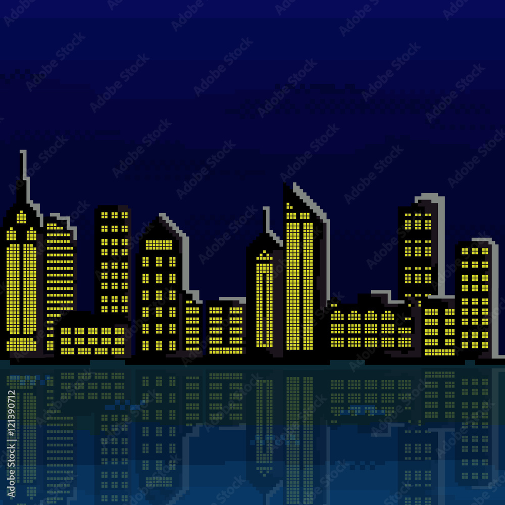 Plakat Illustration of pixel city. Vector of pixel art city .