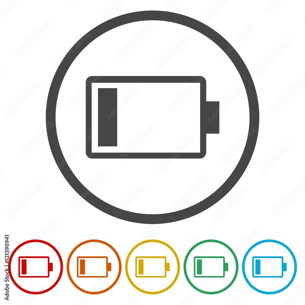 Empty battery icon, circle button, vector illustration