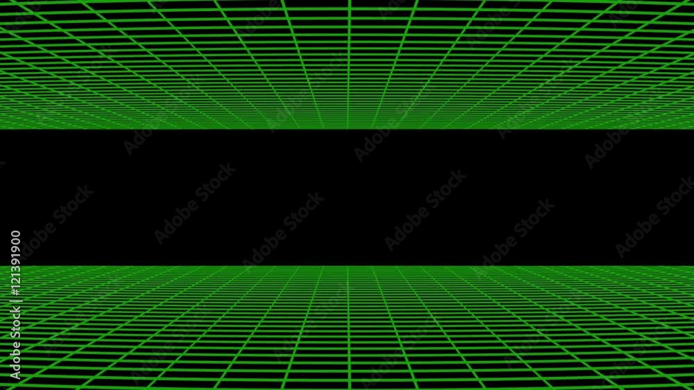 Green wireframe planes move towards camera.